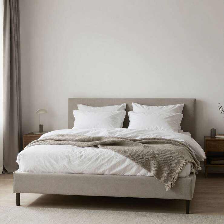 Cama com lençóis brancos e manta em um quarto moderno.
