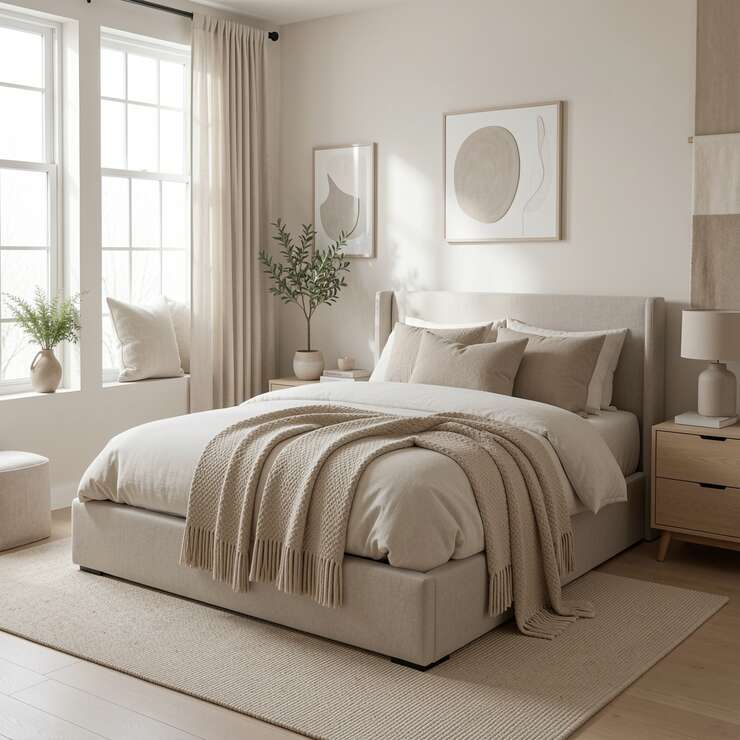 Quarto minimalista com cama e decoração neutra
