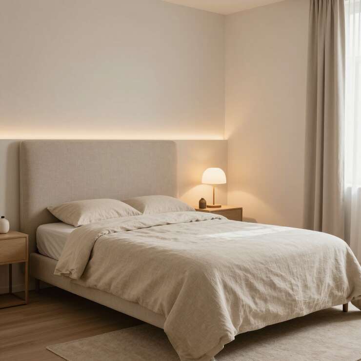 Quarto minimalista com cama e iluminação suave