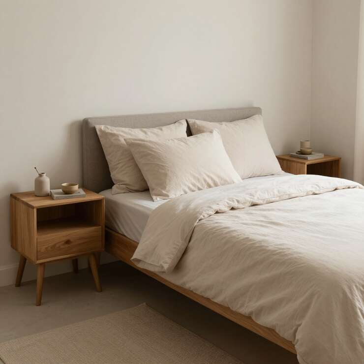 Quarto minimalista com cama e mesas de cabeceira de madeira