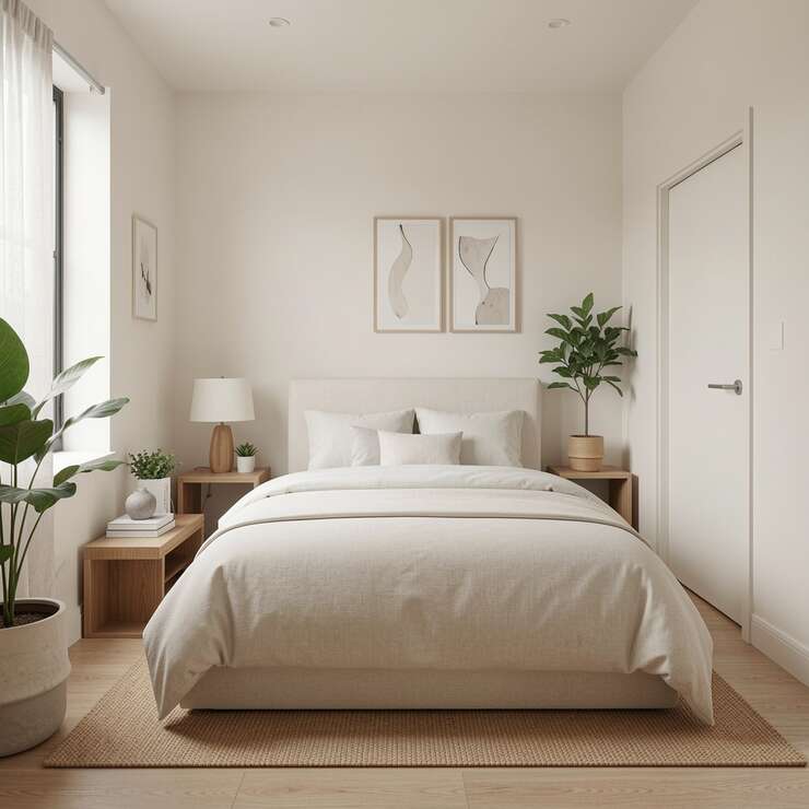 Quarto minimalista com cama e plantas decorativas.