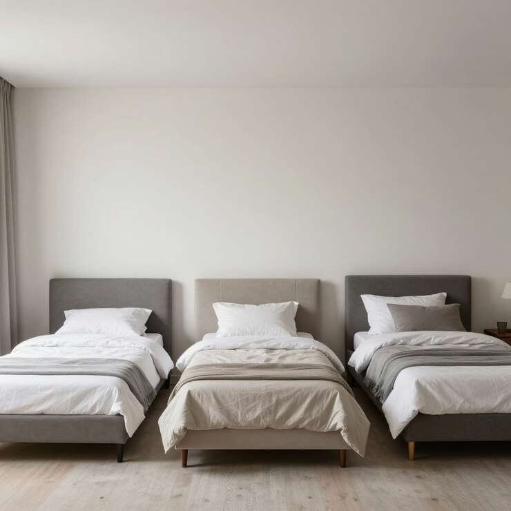 Quarto moderno com três camas e paredes claras