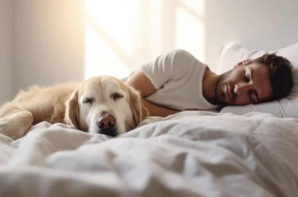 homem dormindo  na cama e cachorro ao lado com focinho feliz