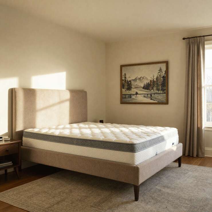 Quarto com cama elegante e pintura na parede