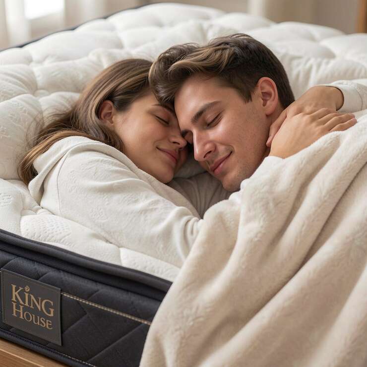 Casal aconchegado em colchão King House.