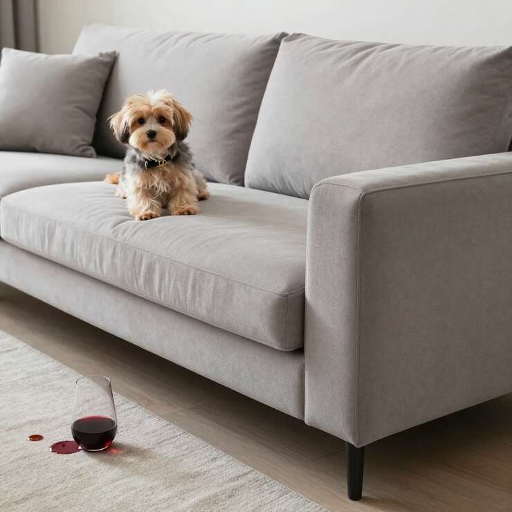 Cachorrinho em sofá cinza com vinho derramado