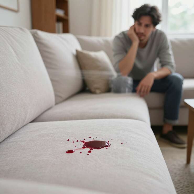 Couch com manchas de vinho e homem pensativo ao fundo
