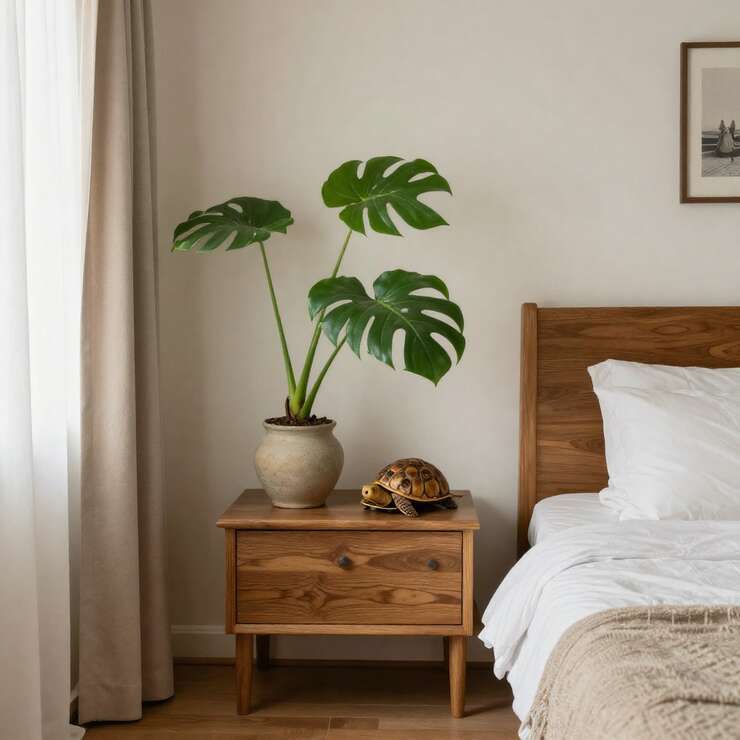 Quarto acolhedor com planta e tartaruga na mesinha de cabeceira
