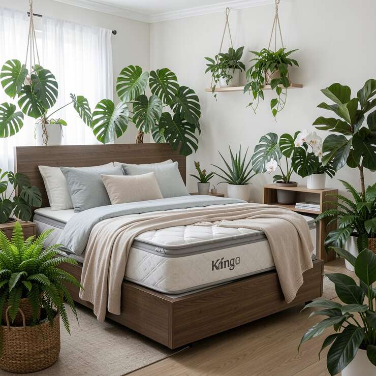 Quarto elegante com cama e plantas decorativas