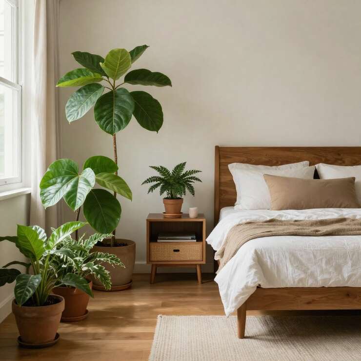 Quarto moderno com plantas e cama de madeira