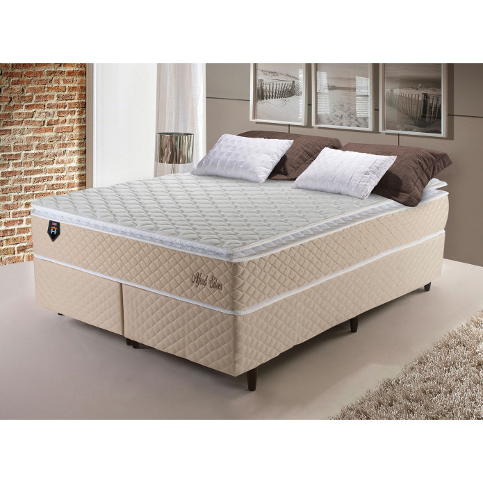 Conjunto Cama Box King Size Alford 193x203x66 Bege Molas Ensacadas