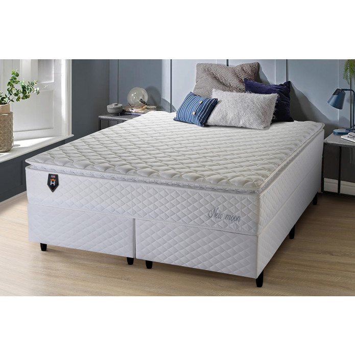Conjunto Cama Box King Size New Moon 193x203x66 Branco Molas Ensacadas