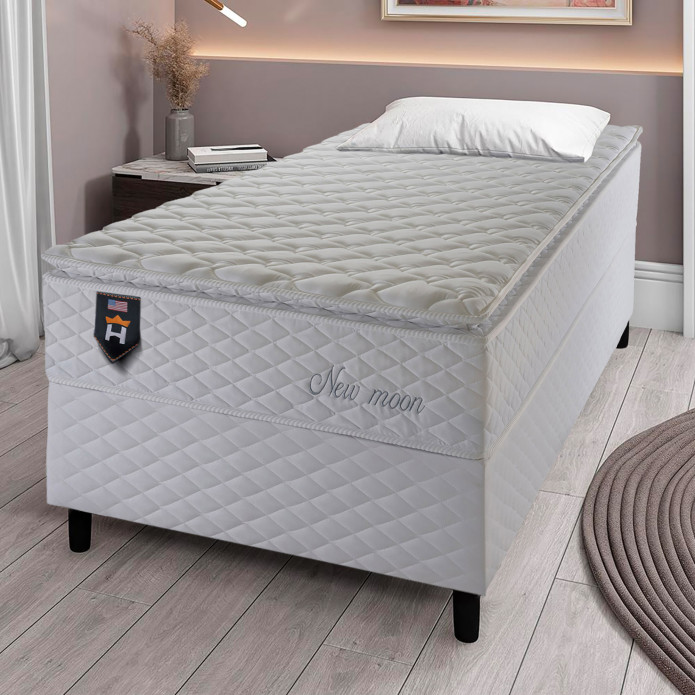 Conjunto Cama Box Solteiro New Moon 88x188x66 Branco Molas Ensacadas