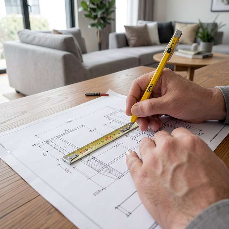 Pessoa desenhando planta em mesa de trabalho