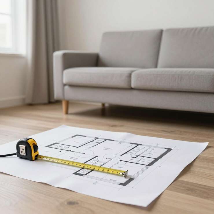 Fita métrica sobre planta baixa de apartamento