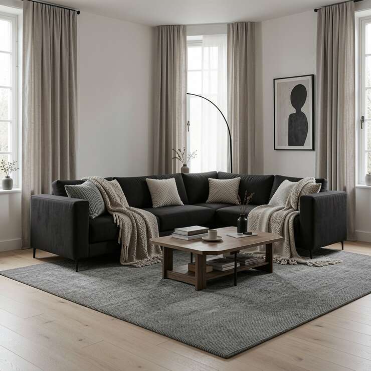 sala de estar moderna com sofá cinza e mesa de madeira