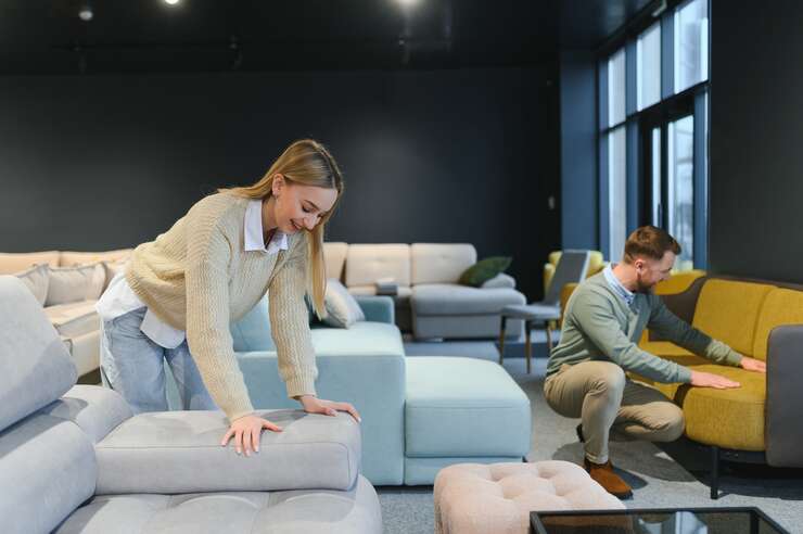Couple choosing sofa and pillows at furniture store Casal olhando diferentes tipos de sofás com molas e sem molas
