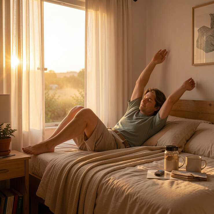 Homem se espreguiçando na cama ao amanhecer