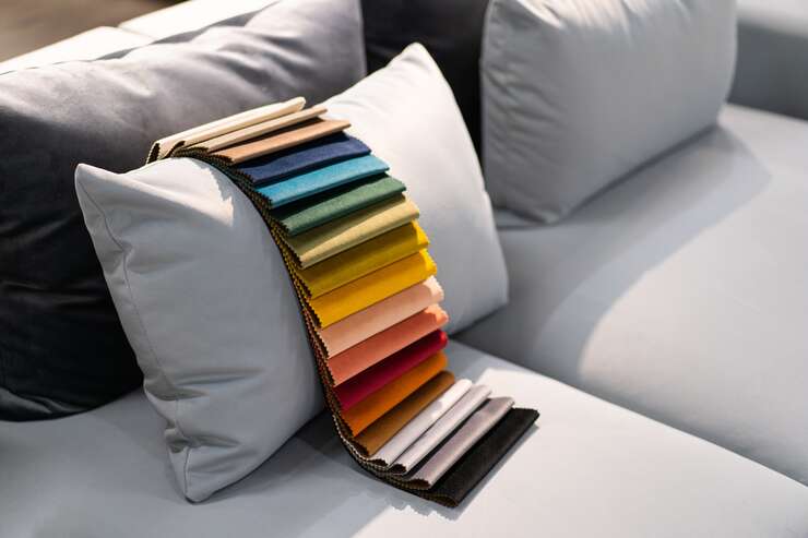 Tecido com paletas de cores em cima do sofa