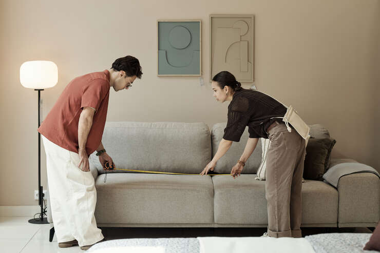 Casal medindo sofá em uma sala moderna