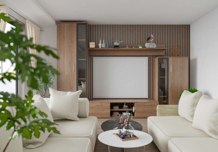 Sala de estar moderna com móveis em madeira clara