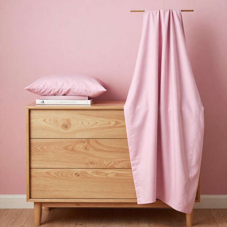 Cômoda de madeira com lençol e travesseiro rosa