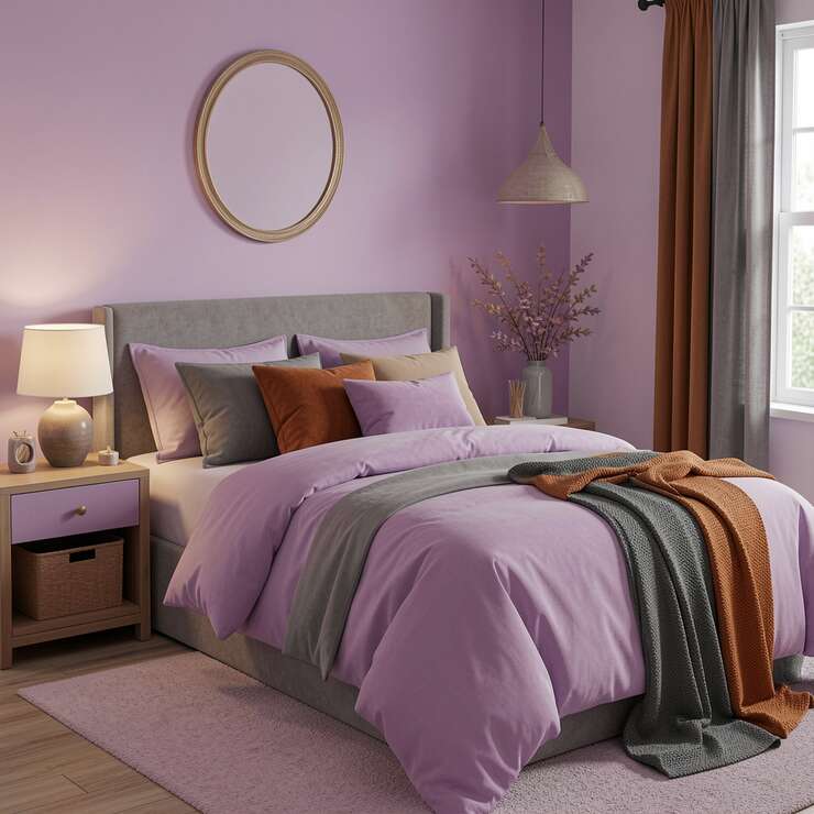 Quarto aconchegante com decoração em tons de roxo