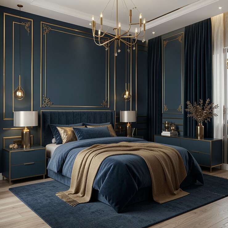 Quarto elegante com decoração azul e dourada