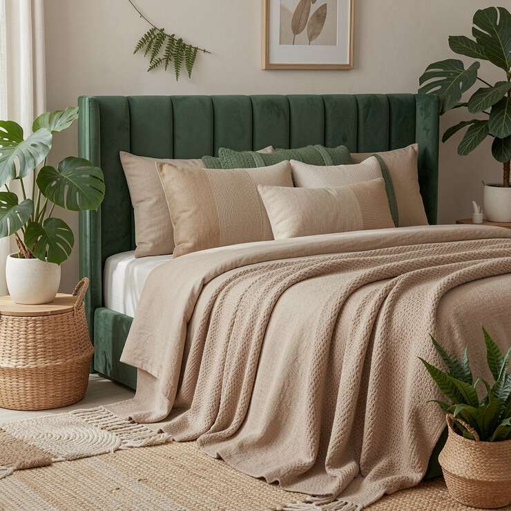 Quarto moderno com cama verde e decoração natural