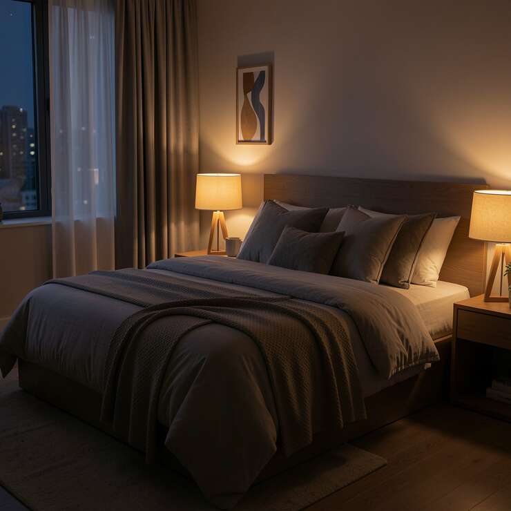 Quarto aconchegante iluminado com cama e abajures