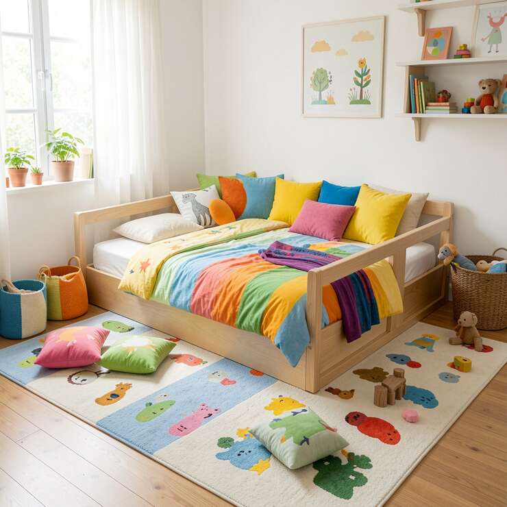 Quarto infantil colorido com cama e almofadas