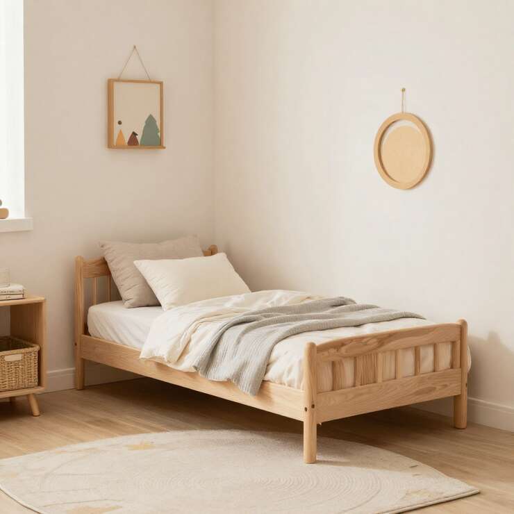 Quarto minimalista com cama de madeira clara